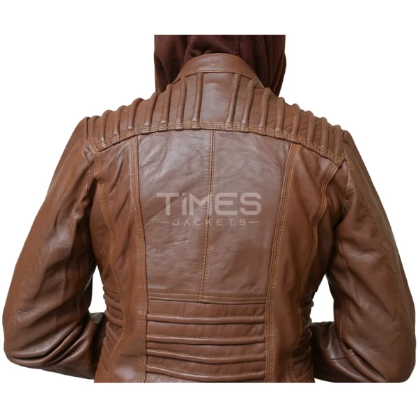 Womens Brown Leather Jacket with Removable Hood