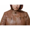 Womens Brown Leather Jacket with Removable Hood