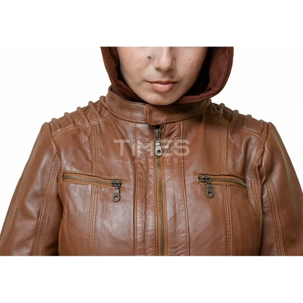 Womens Brown Leather Jacket with Removable Hood