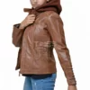 Womens Brown Leather Jacket with Removable Hood