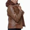 Womens Brown Leather Jacket with Removable Hood