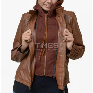 Womens Brown Leather Jacket with Removable Hood