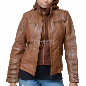 Womens Brown Leather Jacket with Removable Hood