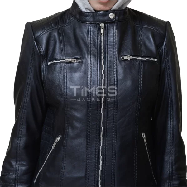 Women Black Hooded Leather Jacket