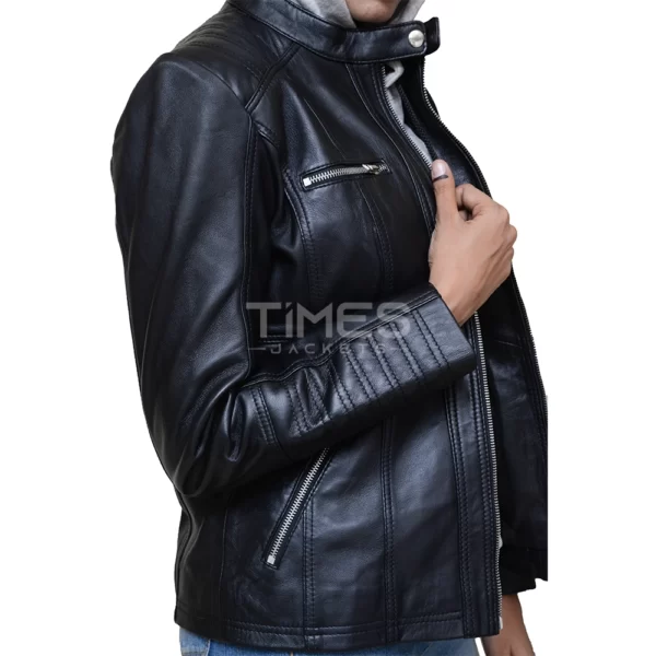 Women Black Hooded Leather Jacket