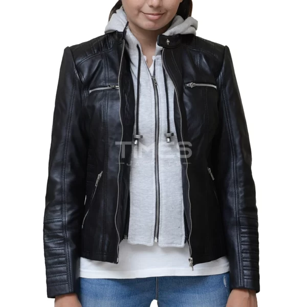 Women Black Hooded Leather Jacket