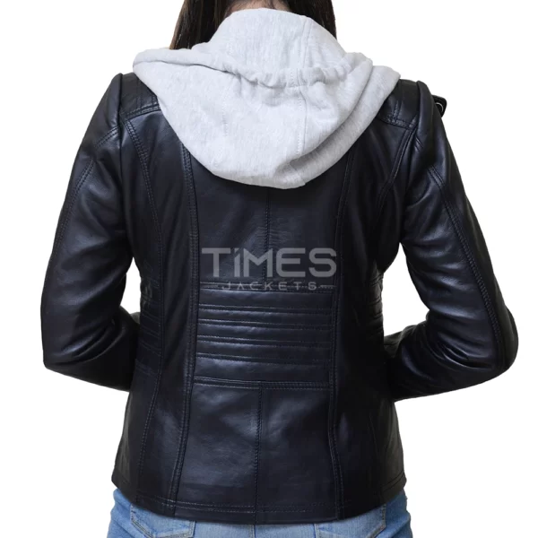 Women Black Hooded Leather Jacket