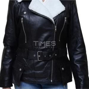 Women Black Shearling Leather Moto Jacket