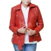 Women Red Belted Leather Jacket