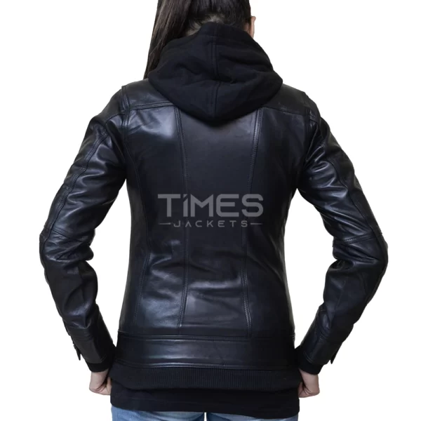 Black Bomber Leather Jacket With Hoodie