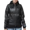 Black Bomber Leather Jacket With Hoodie