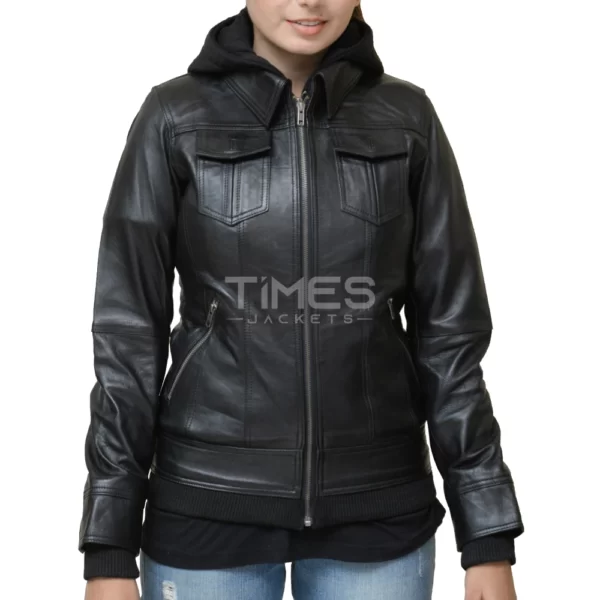 Black Bomber Leather Jacket With Hoodie