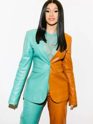 Cardi B Fashion Event Green and Brown Leather Suit