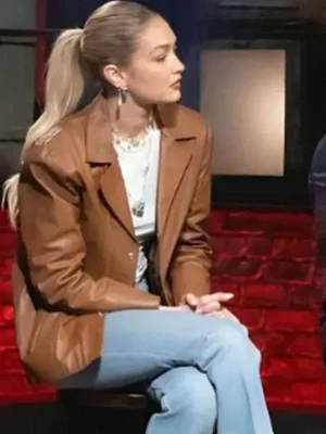 Gigi Hadid Beat Bobby Flay 2025 Brown Leather Jacket
