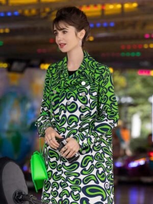 Emily in Paris Season 3 Lily Collins Green Printed Coat