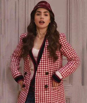 Lily Collins Emily In Paris Red & White Houndstooth Coat