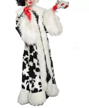 Cruella 2021 Emma Stone Black Dot White Shearling Coat