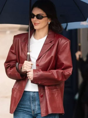 Kendal Jenner Paris 2025 Maroon Leather Jacket