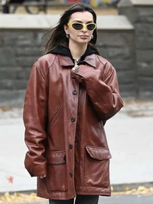 Emily Ratajkowski 2025 Burgundy Leather Jacket