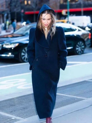 Emilia Clarke NYC 2026 Blue Hooded Coat