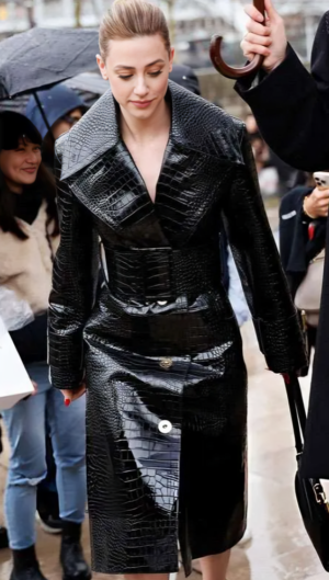 PFW Lili Reinhart Black Crocodile Leather Trench Coat