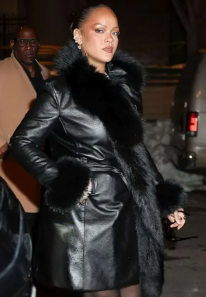 Rihanna NYC 2026 Fur Trim Leather Coat