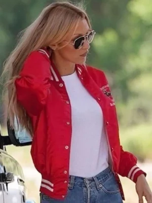 Bella Hadid 2025 Red Varsity Jacket