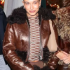 Hailey Bieber Brown Fur Leather Jacket